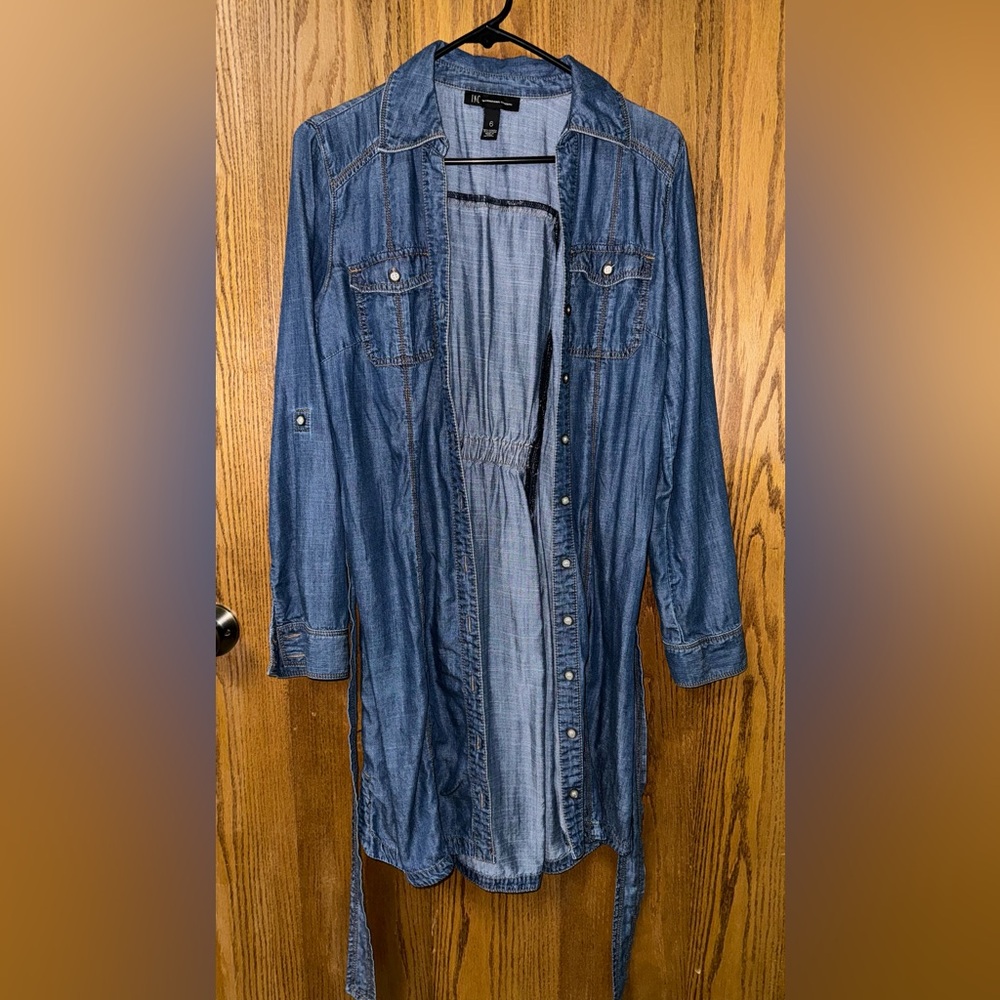 Denim Longline Button Up Long Sleeve Dress with Tie Belt